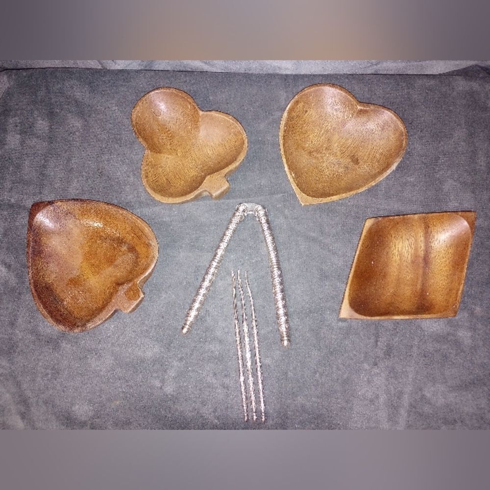 Vintage Wood "Bridge" Snack Dishes and Nut Cracker Set